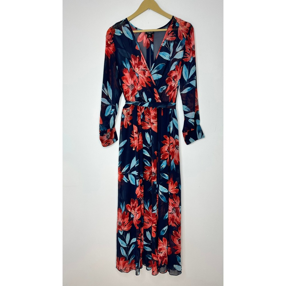 Alexa B Nites Navy Blue Floral Metallic Foil Long Sleeve Maxi Dress Mens Size 12